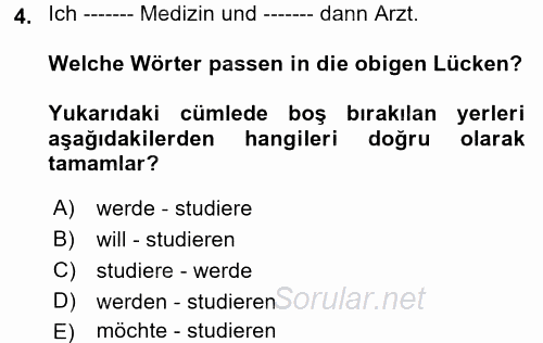 Almanca 2 2017 - 2018 Dönem Sonu Sınavı 4.Soru