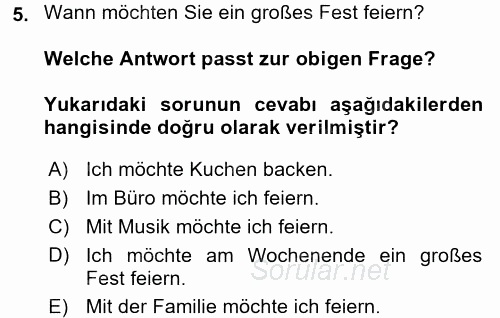 Almanca 2 2017 - 2018 Dönem Sonu Sınavı 5.Soru