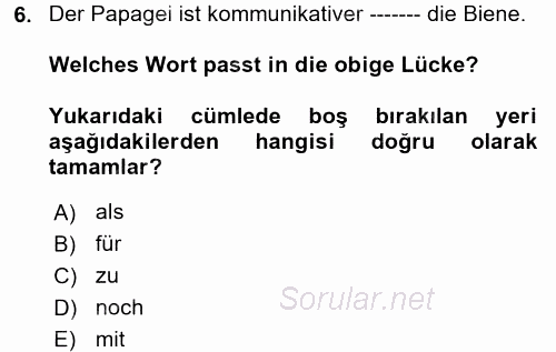 Almanca 2 2017 - 2018 Dönem Sonu Sınavı 6.Soru