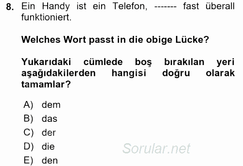 Almanca 2 2017 - 2018 Dönem Sonu Sınavı 8.Soru