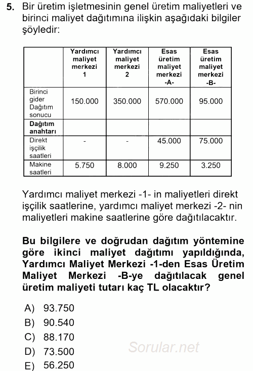 Maliyet Muhasebesi 2016 - 2017 Dönem Sonu Sınavı 5.Soru