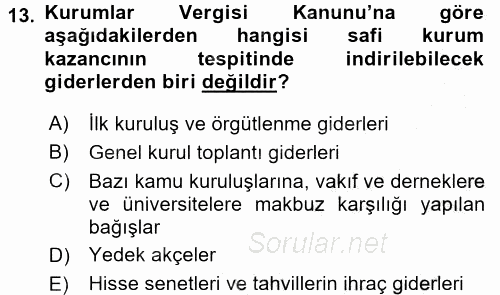 Özel Vergi Hukuku 1 2016 - 2017 3 Ders Sınavı 13.Soru