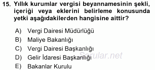 Özel Vergi Hukuku 1 2016 - 2017 3 Ders Sınavı 15.Soru