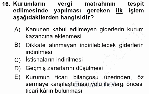 Özel Vergi Hukuku 1 2016 - 2017 3 Ders Sınavı 16.Soru