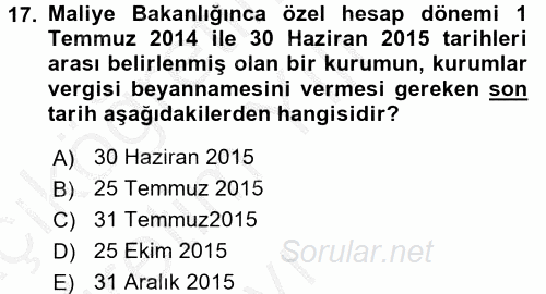 Özel Vergi Hukuku 1 2016 - 2017 3 Ders Sınavı 17.Soru