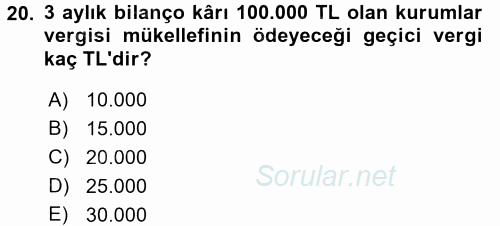 Özel Vergi Hukuku 1 2016 - 2017 3 Ders Sınavı 20.Soru