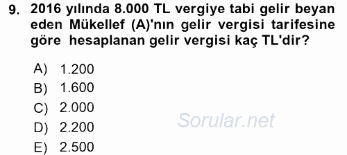 Özel Vergi Hukuku 1 2016 - 2017 3 Ders Sınavı 9.Soru