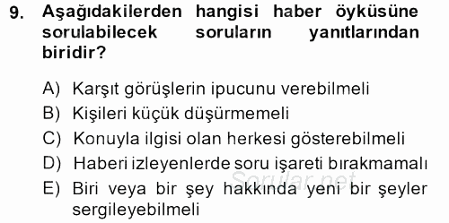 Videonun Kullanım Alanları 2013 - 2014 Tek Ders Sınavı 9.Soru