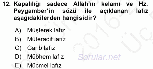 Tefsir Tarihi ve Usulü 2016 - 2017 3 Ders Sınavı 12.Soru