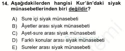 Tefsir Tarihi ve Usulü 2016 - 2017 3 Ders Sınavı 14.Soru