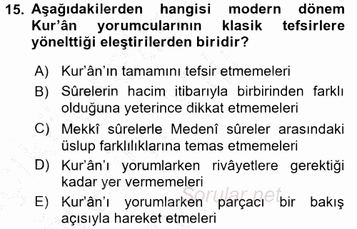 Tefsir Tarihi ve Usulü 2016 - 2017 3 Ders Sınavı 15.Soru