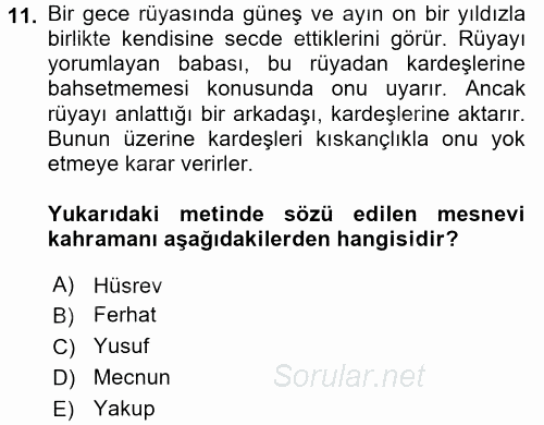 XVI. Yüzyıl Türk Edebiyatı 2015 - 2016 Tek Ders Sınavı 11.Soru