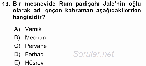 XVI. Yüzyıl Türk Edebiyatı 2015 - 2016 Tek Ders Sınavı 13.Soru