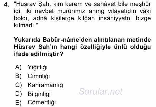 XVI. Yüzyıl Türk Edebiyatı 2015 - 2016 Tek Ders Sınavı 4.Soru
