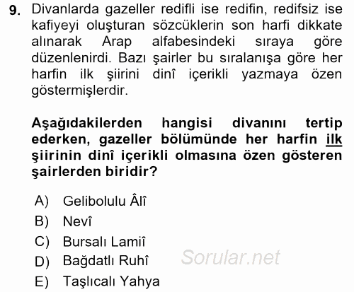 XVI. Yüzyıl Türk Edebiyatı 2015 - 2016 Tek Ders Sınavı 9.Soru