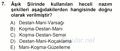 Türk Halk Şiiri 2012 - 2013 Ara Sınavı 7.Soru