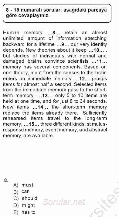 Bağlamsal Dilbilgisi 4 2013 - 2014 Dönem Sonu Sınavı 8.Soru