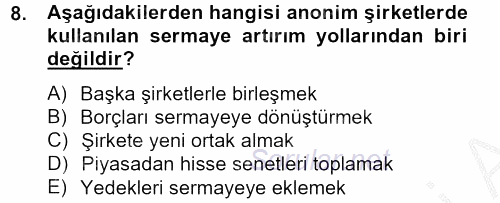 Şirketler Muhasebesi 2012 - 2013 Dönem Sonu Sınavı 8.Soru