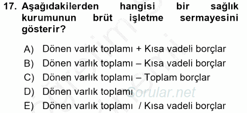 Sağlık Kurumlarında Finansal Yönetim 2016 - 2017 Ara Sınavı 17.Soru