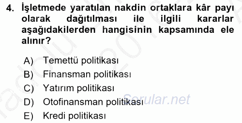 Sağlık Kurumlarında Finansal Yönetim 2016 - 2017 Ara Sınavı 4.Soru