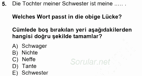 Almanca 1 2012 - 2013 Dönem Sonu Sınavı 5.Soru