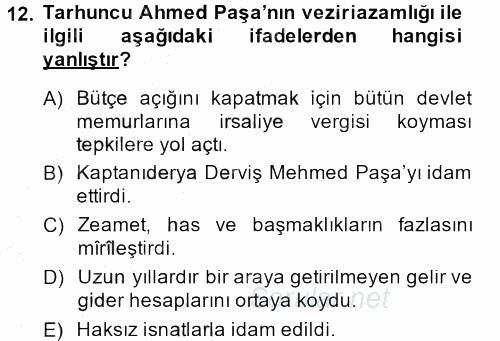 Osmanlı Tarihi (1566-1789) 2014 - 2015 Ara Sınavı 12.Soru