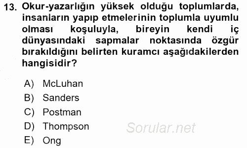 İletişim Sosyolojisi 2015 - 2016 Dönem Sonu Sınavı 13.Soru