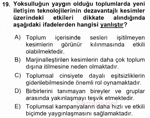 İletişim Sosyolojisi 2015 - 2016 Dönem Sonu Sınavı 19.Soru