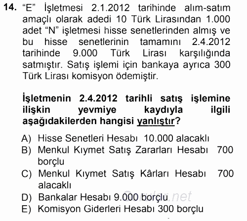 Genel Muhasebe 1 2012 - 2013 Dönem Sonu Sınavı 14.Soru