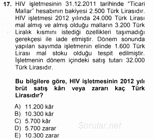 Genel Muhasebe 1 2012 - 2013 Dönem Sonu Sınavı 17.Soru