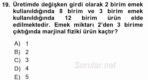 Tarım Ekonomisi 2015 - 2016 Ara Sınavı 19.Soru