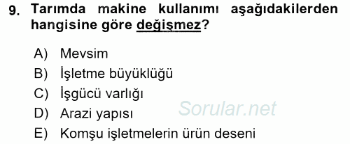 Tarım Ekonomisi 2015 - 2016 Ara Sınavı 9.Soru