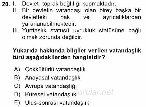 İnsan ve Toplum 2017 - 2018 Dönem Sonu Sınavı 20.Soru