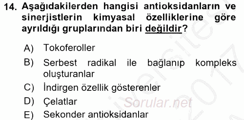 Gıda Bilimi ve Teknolojisi 2016 - 2017 Ara Sınavı 14.Soru