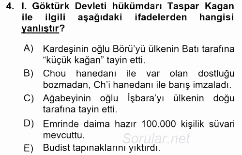 Orta Asya Türk Tarihi 2016 - 2017 Ara Sınavı 4.Soru