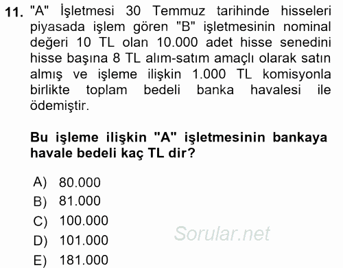 Genel Muhasebe 1 2017 - 2018 3 Ders Sınavı 11.Soru