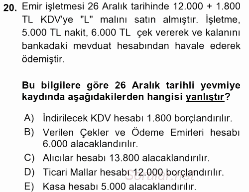 Genel Muhasebe 1 2017 - 2018 3 Ders Sınavı 20.Soru