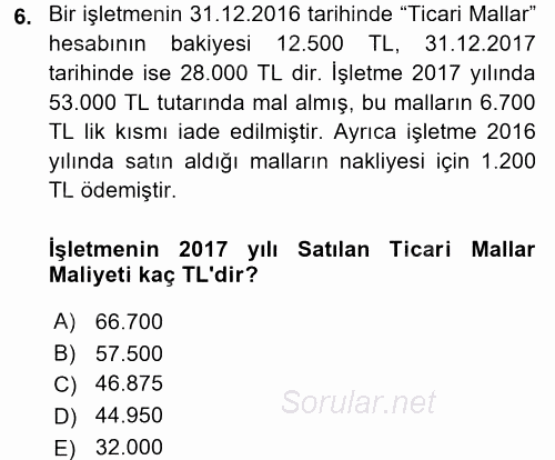 Genel Muhasebe 1 2017 - 2018 3 Ders Sınavı 6.Soru