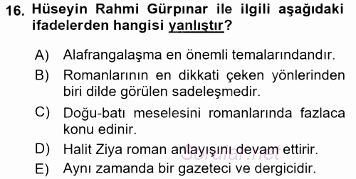 II. Abdülhamit Dönemi Türk Edebiyatı 2017 - 2018 Dönem Sonu Sınavı 16.Soru