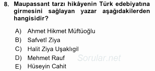 II. Abdülhamit Dönemi Türk Edebiyatı 2017 - 2018 Dönem Sonu Sınavı 8.Soru