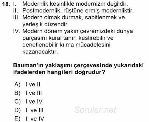 Çağdaş Sosyoloji Kuramları 2017 - 2018 Ara Sınavı 18.Soru