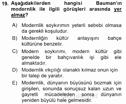 Çağdaş Sosyoloji Kuramları 2017 - 2018 Ara Sınavı 19.Soru