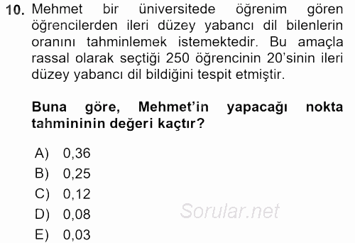 İstatistik 2 2017 - 2018 Ara Sınavı 10.Soru