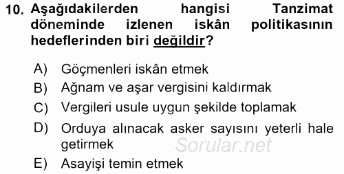 Osmanlı´da İskan ve Göç 2017 - 2018 Dönem Sonu Sınavı 10.Soru
