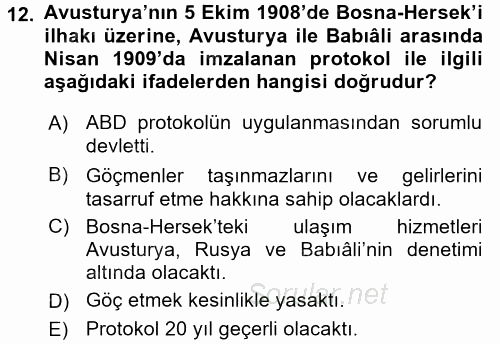 Osmanlı´da İskan ve Göç 2017 - 2018 Dönem Sonu Sınavı 12.Soru