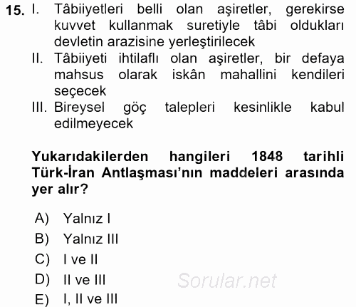 Osmanlı´da İskan ve Göç 2017 - 2018 Dönem Sonu Sınavı 15.Soru