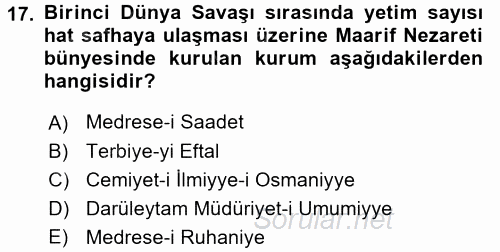 Osmanlı´da İskan ve Göç 2017 - 2018 Dönem Sonu Sınavı 17.Soru