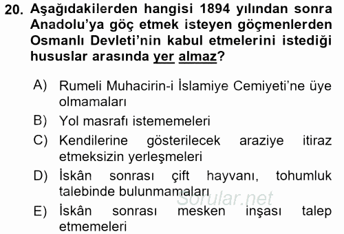 Osmanlı´da İskan ve Göç 2017 - 2018 Dönem Sonu Sınavı 20.Soru