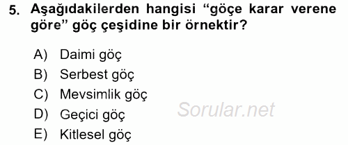 Osmanlı´da İskan ve Göç 2017 - 2018 Dönem Sonu Sınavı 5.Soru