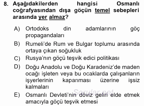 Osmanlı´da İskan ve Göç 2017 - 2018 Dönem Sonu Sınavı 8.Soru